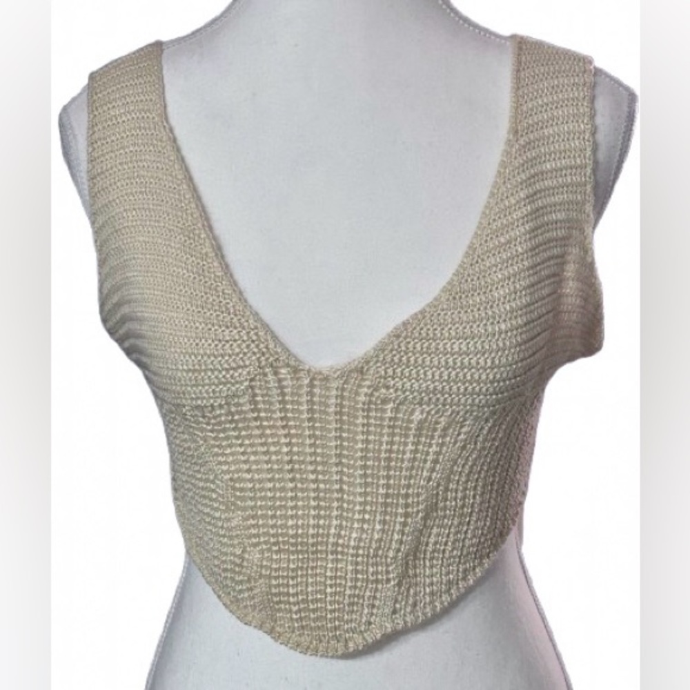 NWT Commense Crocheted Crop Top Knit Sweater Tank Extra Small Tan Cream New